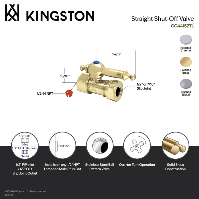 Kingston Tulare CC44151TL - Vintage 1/2-Inch FIP x 1/2-Inch or 7/16-Inch Slip Joint Quarter-Turn Straight Shut-Off Valve, Polished Chrome