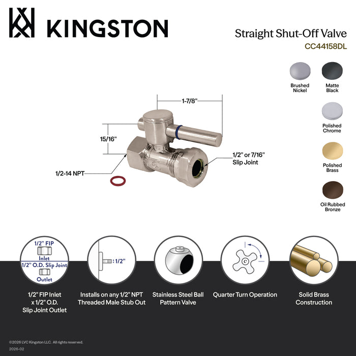 Kingston Sona CC44152DL - Concord 1/2-Inch FIP x 1/2-Inch or 7/16-Inch Slip Joint Quarter-Turn Straight Shut-Off Valve, Polished Brass