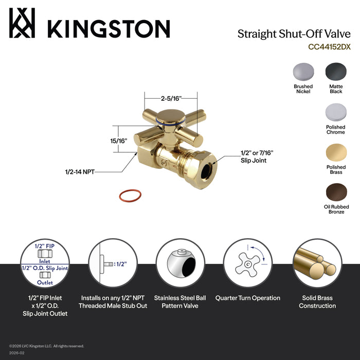 Kingston Sona CC44152DX - Concord 1/2-Inch FIP x 1/2-Inch or 7/16-Inch Slip Joint Quarter-Turn Straight Shut-Off Valve, Polished Brass
