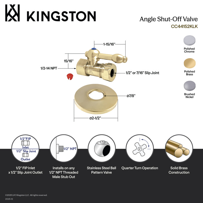 Kingston Tulare CC44152KLK 1/2-Inch FIP x 1/2-Inch or 7/16-Inch Slip Joint Quarter-Turn Straight Shut-Off Valve with Flange, Polished Brass