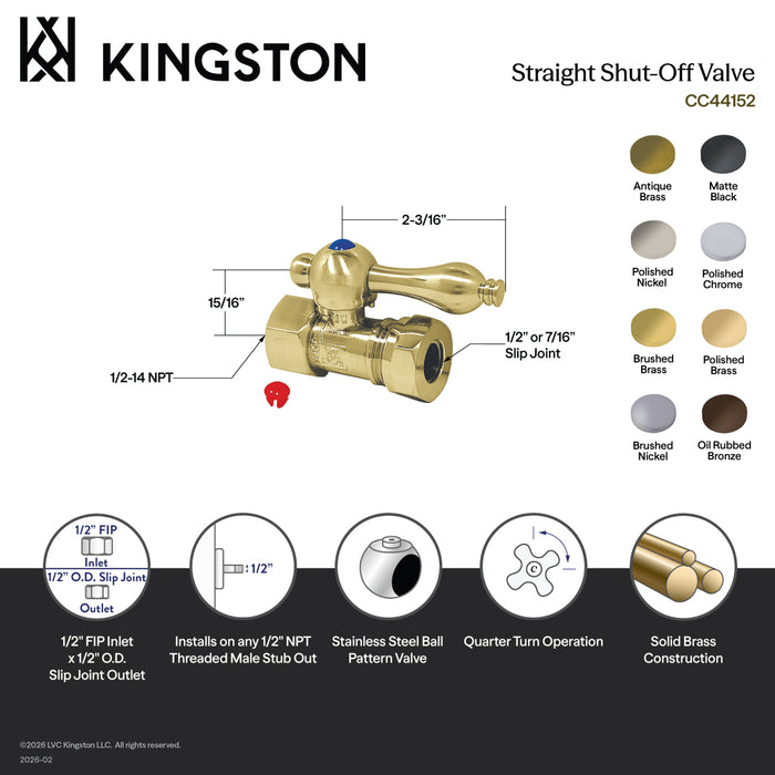 Kingston Heirloom CC44153 - Vintage 1/2-Inch FIP x 1/2-Inch or 7/16-Inch Slip Joint Quarter-Turn Straight Shut-Off Valve, Antique Brass