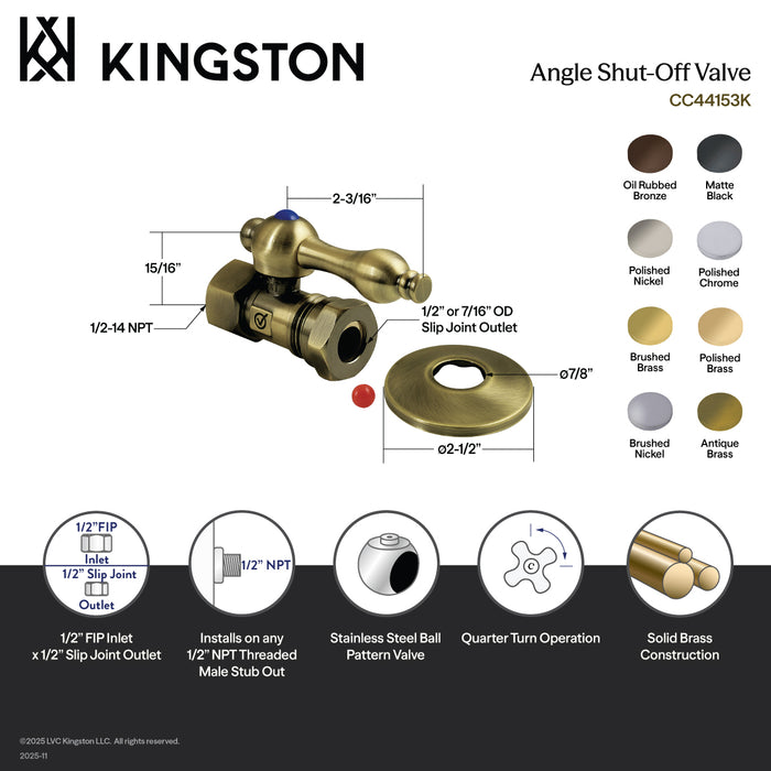 Kingston Heirloom CC44153K - Vintage 1/2-Inch FIP x 1/2-Inch or 7/16-Inch Slip Joint Quarter-Turn Straight Shut-Off Valve with Flange, Antique Brass