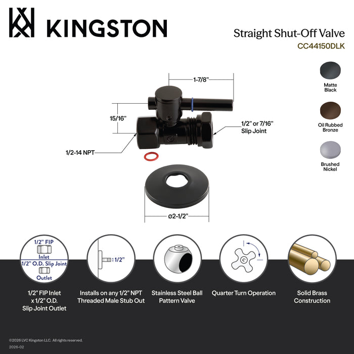 Kingston Sona CC44158DLK 1/2-Inch FIP x 1/2-Inch or 7/16-Inch Slip Joint Quarter-Turn Straight Shut-Off Valve with Flange, Brushed Nickel