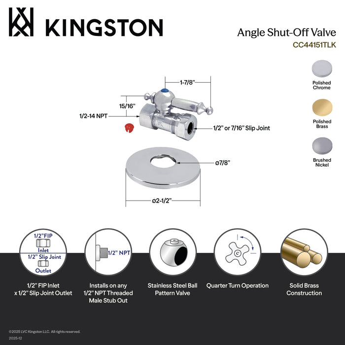 Kingston Tulare CC44158TLK1/2-Inch FIP x 1/2-Inch or 7/16-Inch Slip Joint Quarter-Turn Straight Shut-Off Valve with Flange, Brushed Nickel
