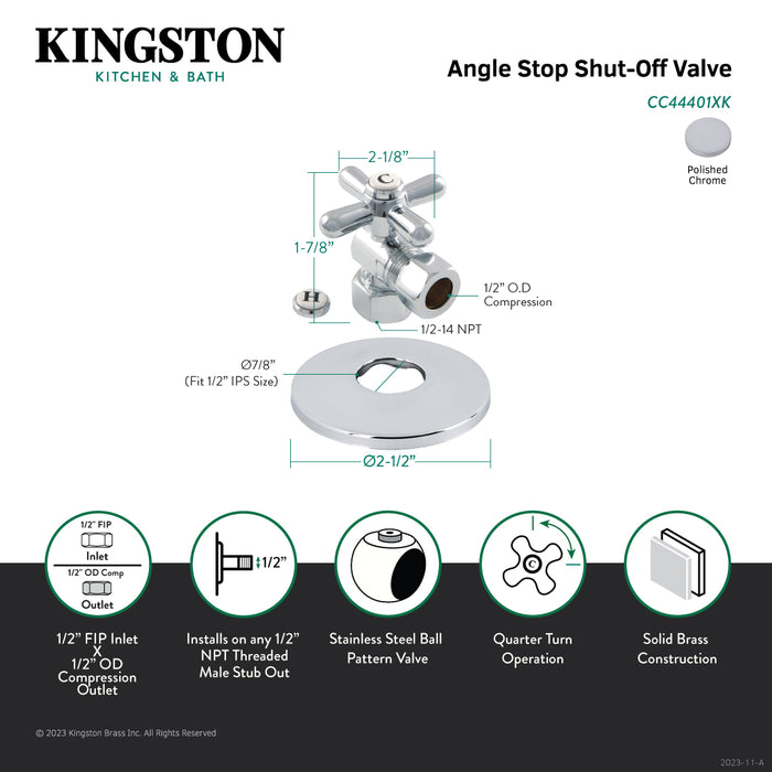 Kingston Heirloom CC44401XK1/2-Inch FIP x 1/2-Inch O.D. Comp Quarter-Turn Angle Shut-Off Valve with Flange, Polished Chrome