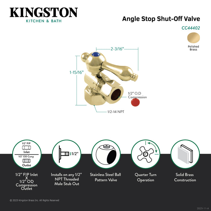Kingston Heirloom CC44402 - Vintage 1/2-Inch FIP x 1/2-Inch O.D. Comp Quarter-Turn Angle Shut-Off Valve, Polished Brass