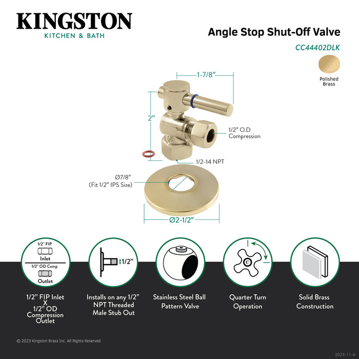 Kingston Sona CC44402DLK 1/2-Inch FIP x 1/2-Inch O.D. Comp Quarter-Turn Angle Shut-Off Valve with Flange, Polished Brass