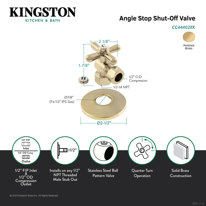 Kingston Heirloom CC44402XK 1/2-Inch FIP x 1/2-Inch O.D. Comp Quarter-Turn Angle Shut-Off Valve with Flange, Polished Brass