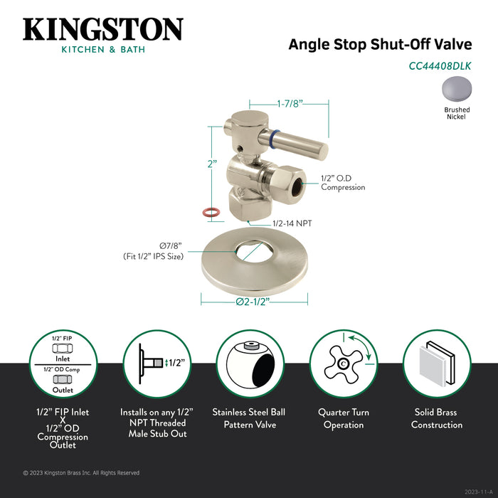 Kingston Sona CC44408DLK 1/2-Inch FIP x 1/2-Inch O.D. Comp Quarter-Turn Angle Shut-Off Valve with Flange, Brushed Nickel