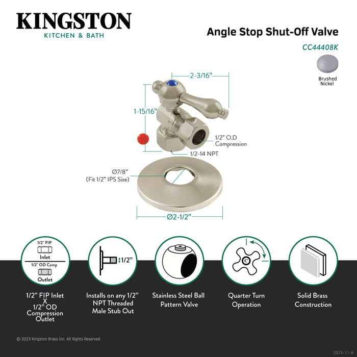 Kingston Heirloom CC44408K 1/2-Inch FIP x 1/2-Inch O.D. Comp Quarter-Turn Angle Shut-Off Valve with Flange, Brushed Nickel