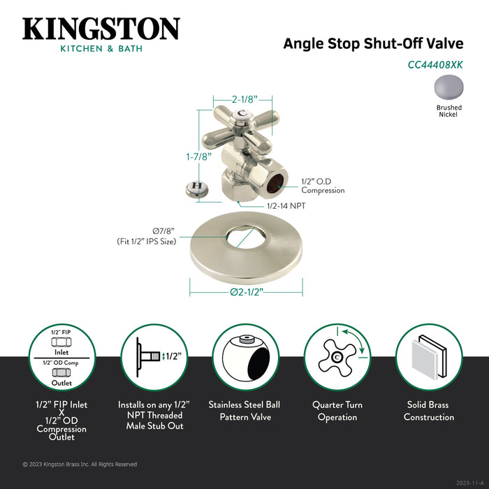Kingston Heirloom CC44408XK1/2-Inch FIP x 1/2-Inch O.D. Comp Quarter-Turn Angle Shut-Off Valve with Flange, Brushed Nickel