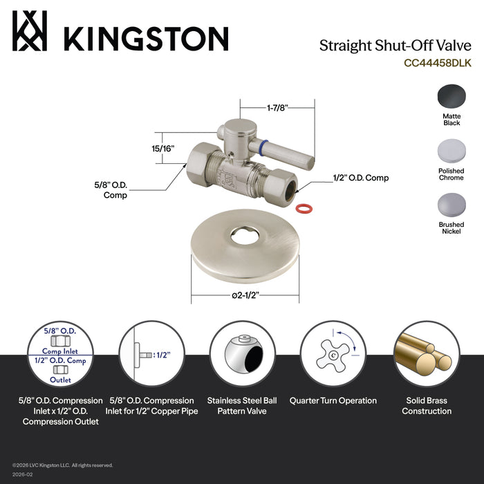 Kingston Sona CC44451DLK 5/8-Inch O.D. Comp x 1/2-Inch O.D. Comp Quarter-Turn Straight Shut-Off Valve with Flange, Polished Chrome
