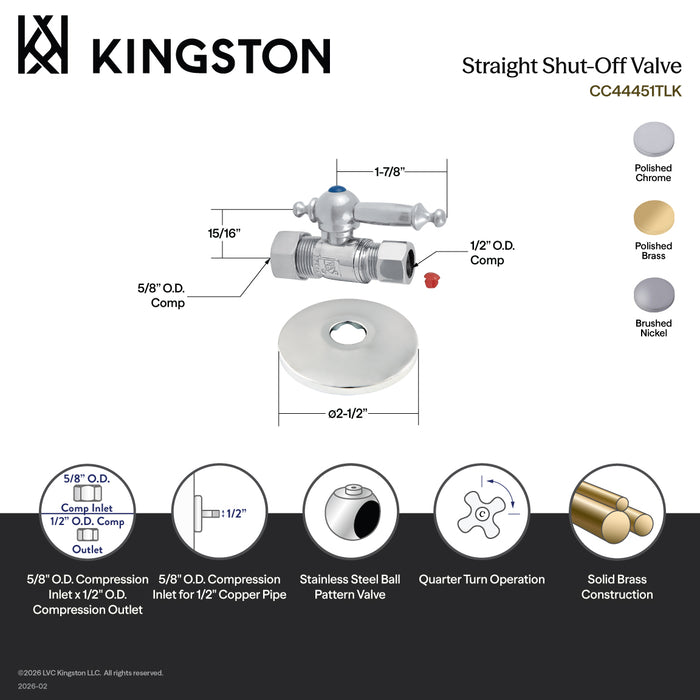 Kingston Tulare CC44451TLK 5/8-Inch O.D. Comp x 1/2-Inch O.D. Comp Quarter-Turn Straight Shut-Off Valve with Flange, Polished Chrome