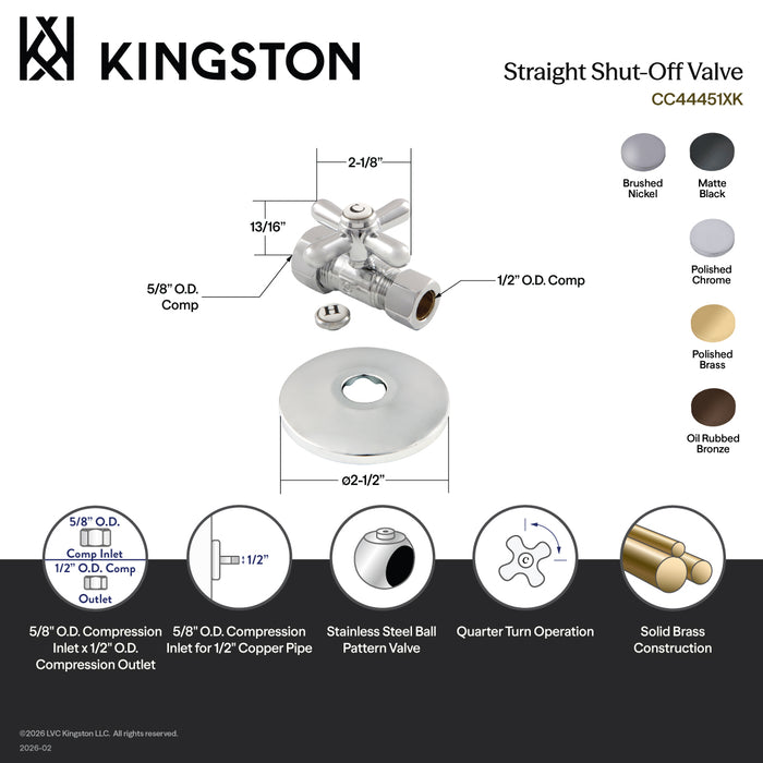 Kingston Heirloom CC44452XK 5/8-Inch O.D. Comp x 1/2-Inch O.D. Comp Quarter-Turn Straight Shut-Off Valve with Flange, Polished Brass