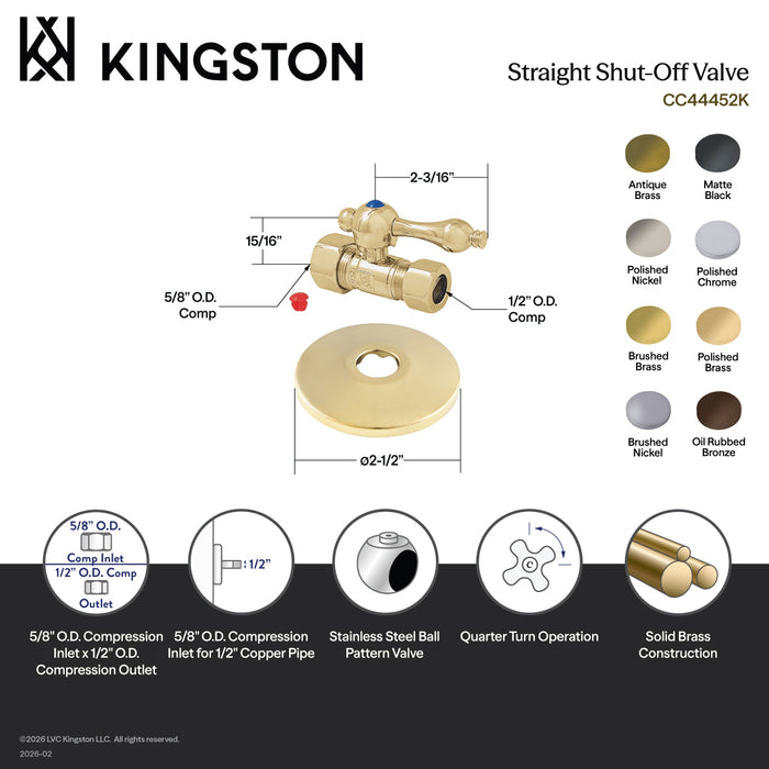 Kingston Heirloom CC44453K 5/8-Inch O.D. Comp x 1/2-Inch O.D. Comp Quarter-Turn Straight Shut-Off Valve with Flange, Antique Brass