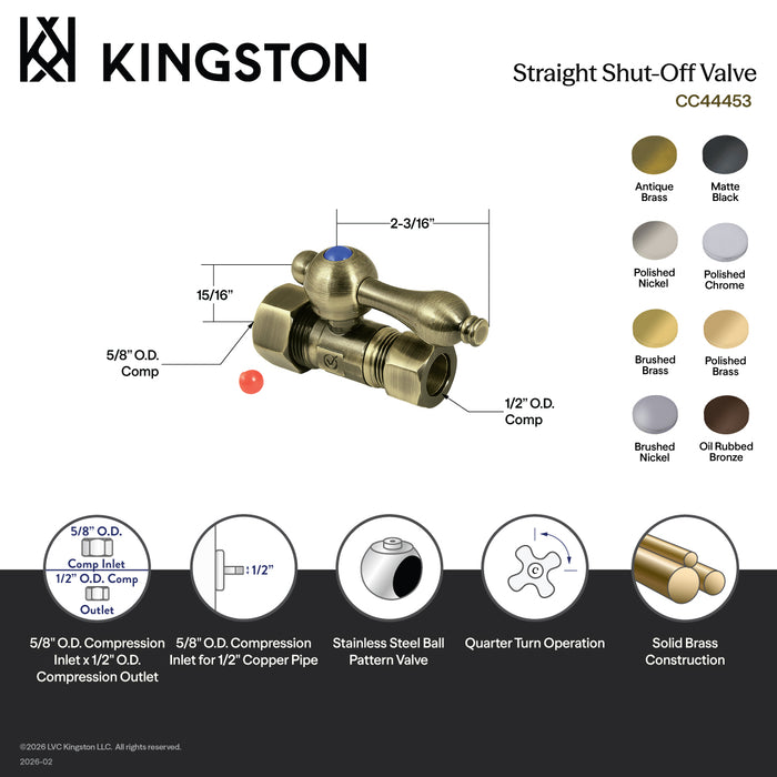 Kingston Heirloom CC44456 - Vintage 5/8-Inch O.D. Comp x 1/2-Inch O.D. Comp Quarter-Turn Straight Shut-Off Valve, Polished Nickel