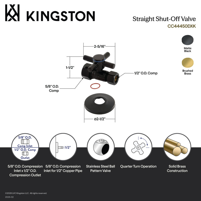 Kingston Sona CC44457DXK - Concord 5/8-Inch O.D. Comp x 1/2-Inch O.D. Comp Quarter-Turn Straight Shut-Off Valve with Flange, Brushed Brass