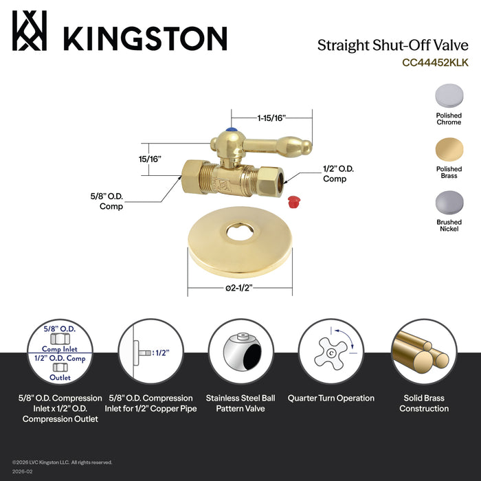 Kingston Tulare CC44458KLK 5/8-Inch O.D. Comp x 1/2-Inch O.D. Comp Quarter-Turn Straight Shut-Off Valve with Flange, Brushed Nickel