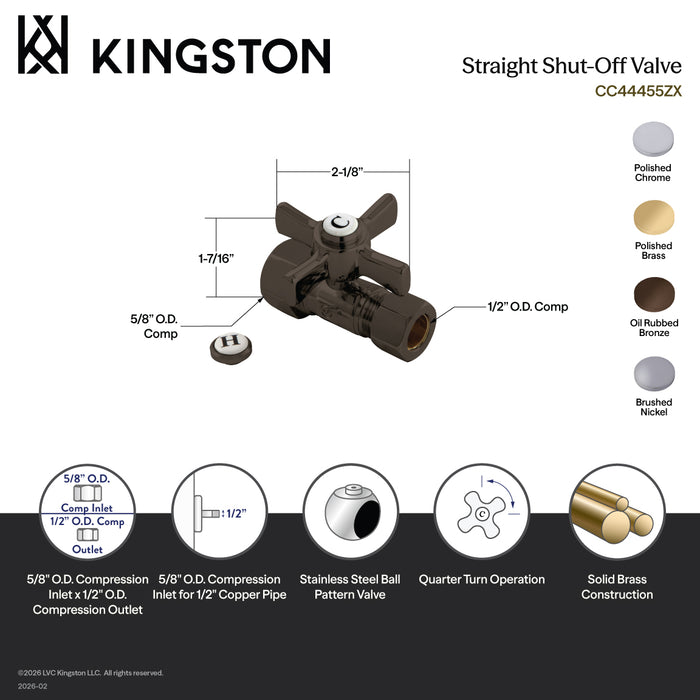 Kingston Tulare CC44458ZX - Millennium 5/8-Inch O.D. Comp x 1/2-Inch O.D. Comp Quarter-Turn Straight Shut-Off Valve, Brushed Nickel