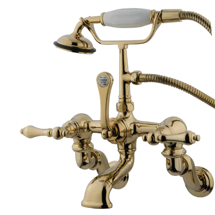 Kingston Heirloom CC457T2 - Vintage Three-Handle 2-Hole Tub Wall Mount Clawfoot Tub Faucet with Hand Shower, Polished Brass
