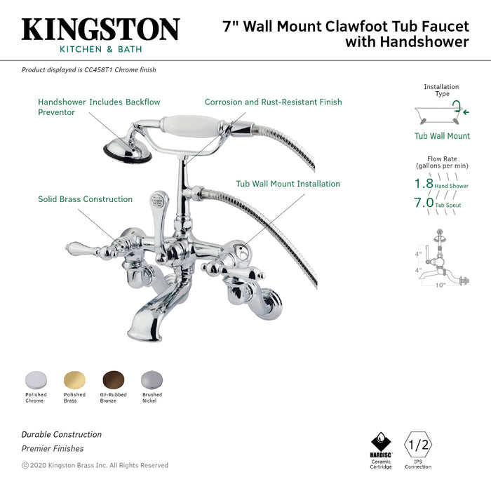 Kingston Heirloom CC457T8 - Vintage Three-Handle 2-Hole Tub Wall Mount Clawfoot Tub Faucet with Hand Shower, Brushed Nickel