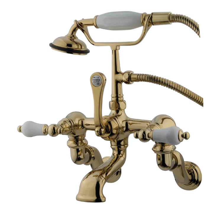 Kingston Heirloom CC459T2 - Vintage Three-Handle 2-Hole Tub Wall Mount Clawfoot Tub Faucet with Hand Shower, Polished Brass
