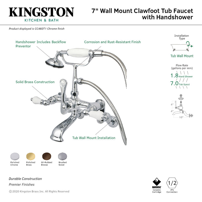 Kingston Heirloom CC460T1 - Vintage Three-Handle 2-Hole Tub Wall Mount Clawfoot Tub Faucet with Hand Shower, Polished Chrome