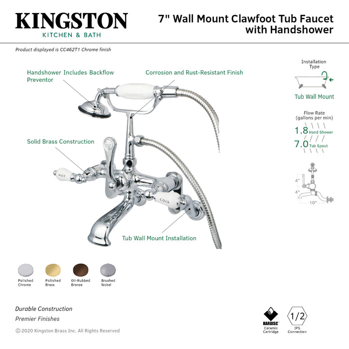 Kingston Heirloom CC461T8 - Vintage Three-Handle 2-Hole Tub Wall Mount Clawfoot Tub Faucet with Hand Shower, Brushed Nickel