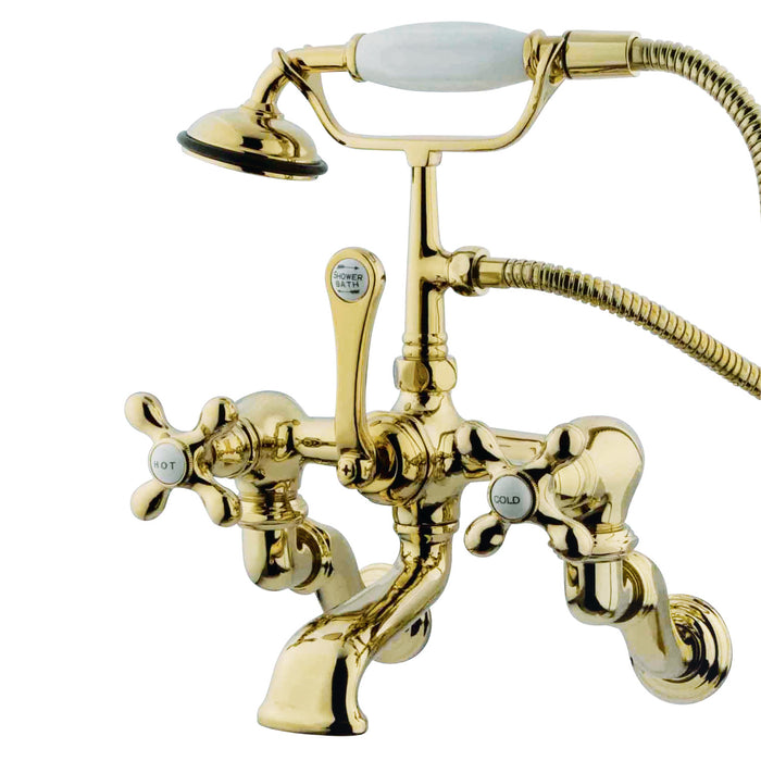 Kingston Heirloom CC463T2 - Vintage Three-Handle 2-Hole Tub Wall Mount Clawfoot Tub Faucet with Hand Shower, Polished Brass
