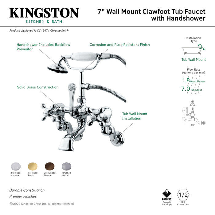 Kingston Heirloom CC463T5 - Vintage Three-Handle 2-Hole Tub Wall Mount Clawfoot Tub Faucet with Hand Shower, Oil Rubbed Bronze