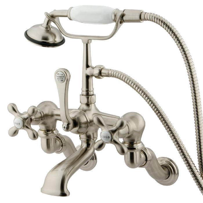 Kingston Heirloom CC463T8 - Vintage Three-Handle 2-Hole Tub Wall Mount Clawfoot Tub Faucet with Hand Shower, Brushed Nickel