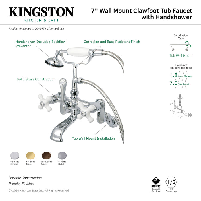 Kingston Heirloom CC465T2 - Vintage Three-Handle 2-Hole Tub Wall Mount Clawfoot Tub Faucet with Hand Shower, Polished Brass
