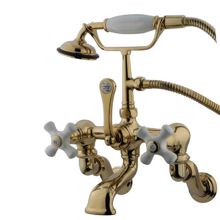 Kingston Heirloom CC465T2 - Vintage Three-Handle 2-Hole Tub Wall Mount Clawfoot Tub Faucet with Hand Shower, Polished Brass