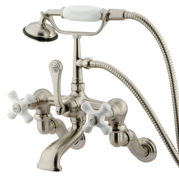 Kingston Heirloom CC465T8 - Vintage Three-Handle 2-Hole Tub Wall Mount Clawfoot Tub Faucet with Hand Shower, Brushed Nickel
