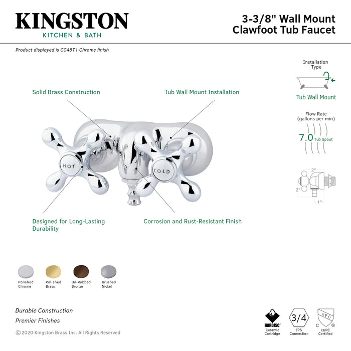 Kingston Heirloom CC47T8 - Vintage Two-Handle 2-Hole Tub Wall Mount Clawfoot Tub Faucet, Brushed Nickel