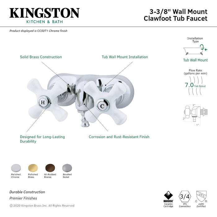 Kingston Heirloom CC50T1 - Vintage Two-Handle 2-Hole Tub Wall Mount Clawfoot Tub Faucet, Polished Chrome