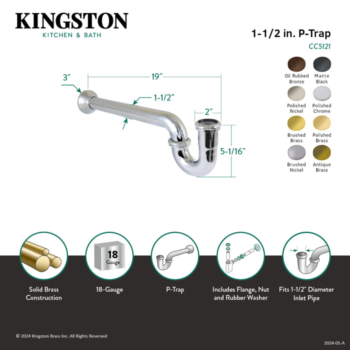 Kingston Vintage CC5128 1-1/2 Inch Decor P-Trap with Bell Flange, 19 Inch Length, 18 Gauge, Brushed Nickel