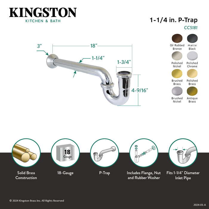 Kingston Vintage CC5182 1-1/4 Inch Decor P-Trap with Bell Flange, 18 Inch Length, 18 Gauge, Polished Brass