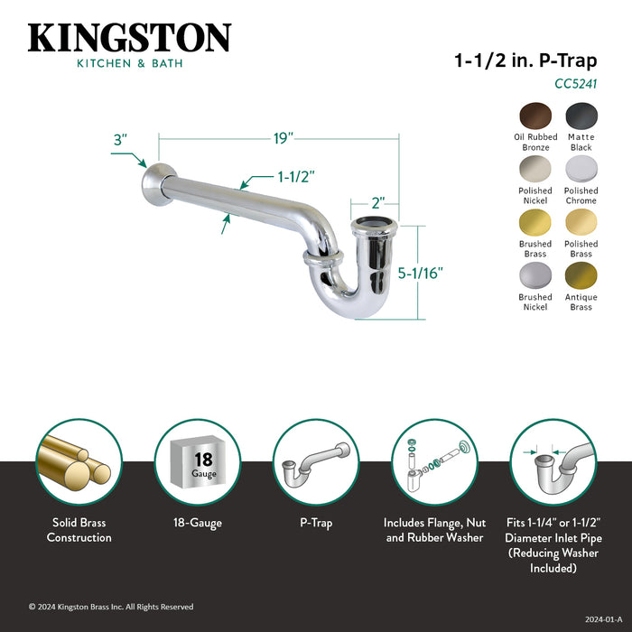 Kingston Vintage CC5246 1-1/4 (or 1-1/2) x 1-1/2 Inch Decor P-Trap with Bell Flange, 19 Inch Length, 18 Gauge, Polished Nickel