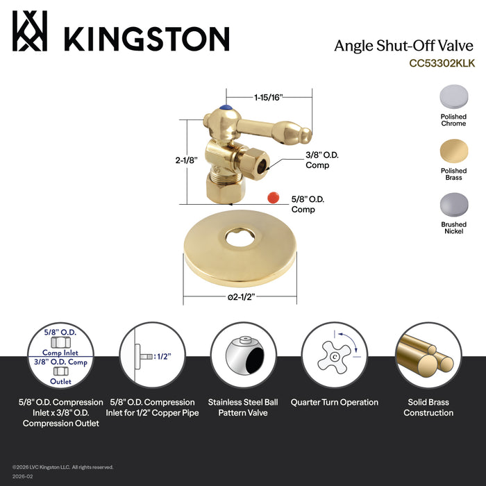 Kingston Tulare CC53301KLK 5/8-Inch O.D. Comp x 3/8-Inch O.D. Comp Quarter-Turn Angle Shut-Off Valve with Flange, Polished Chrome