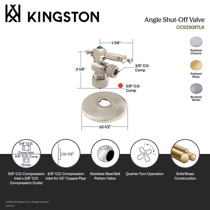 Kingston Tulare CC53301TLK 5/8-Inch O.D. Comp x 3/8-Inch O.D. Comp Quarter-Turn Angle Shut-Off Valve with Flange, Polished Chrome