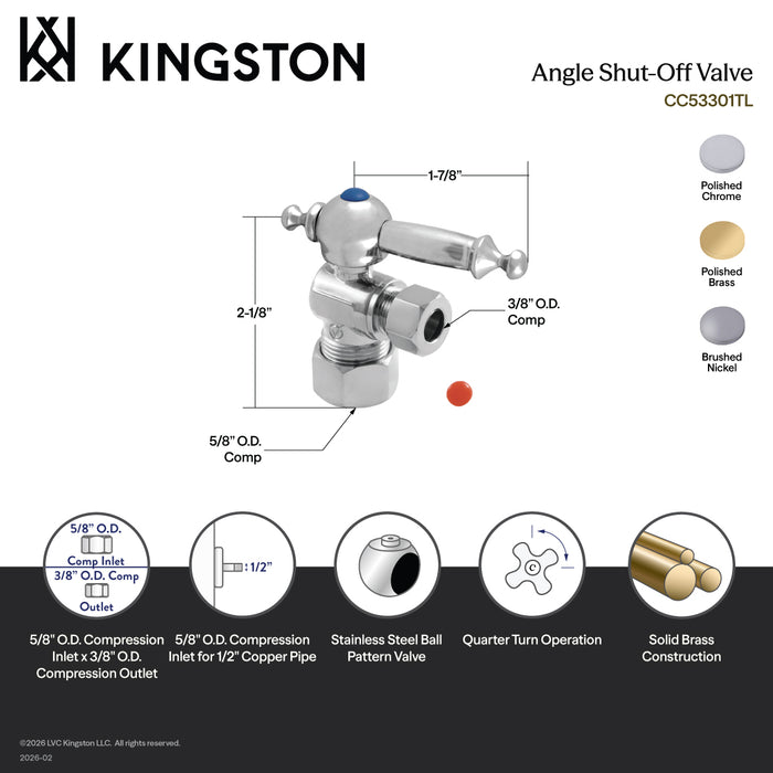 Kingston Tulare CC53302TL - Vintage 5/8-Inch O.D. Comp x 3/8-Inch O.D. Comp Quarter-Turn Angle Shut-Off Valve, Polished Brass