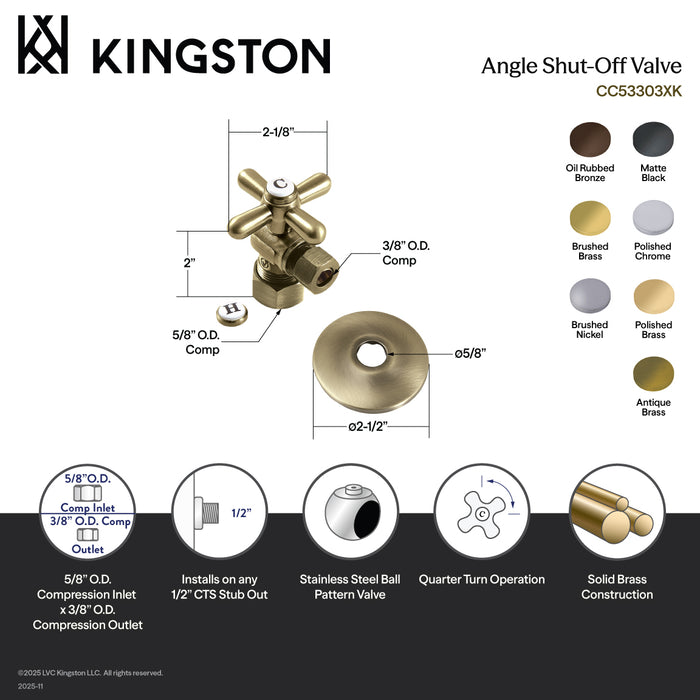Kingston Heirloom CC53303XK5/8-Inch O.D. Comp x 3/8-Inch O.D. Comp Quarter-Turn Angle Shut-Off Valve with Flange, Antique Brass