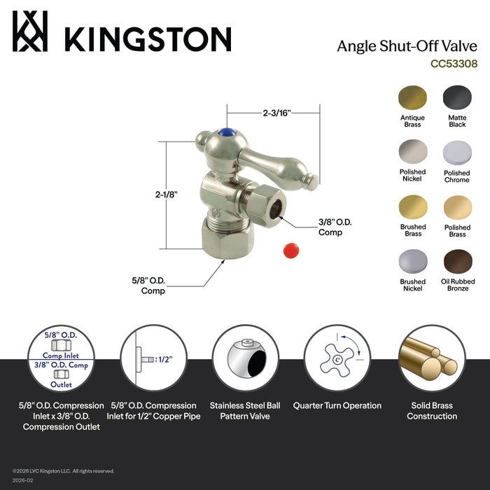 Kingston Heirloom CC53306 - Vintage 5/8-Inch O.D. Comp x 3/8-Inch O.D. Comp Quarter-Turn Angle Shut-Off Valve, Polished Nickel