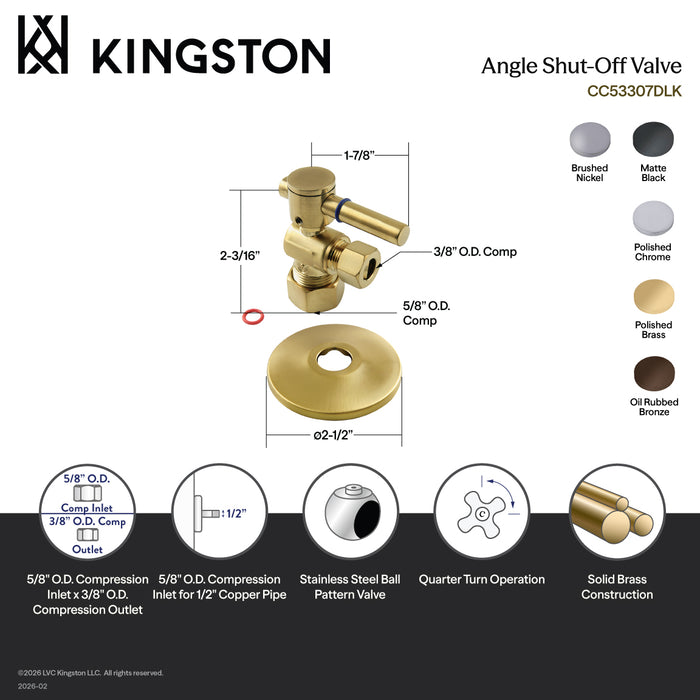 Kingston Sona CC53307DLK 5/8-Inch O.D. Comp x 3/8-Inch O.D. Comp Quarter-Turn Angle Shut-Off Valve with Flange, Brushed Brass