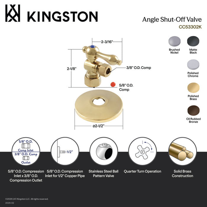 Kingston Heirloom CC53307K - Vintage 5/8-Inch O.D. Comp x 3/8-Inch O.D. Comp Quarter-Turn Angle Shut-Off Valve with Flange, Brushed Brass