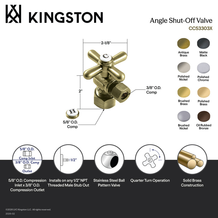 Kingston Heirloom CC53307X - Vintage 5/8-Inch O.D. Comp x 3/8-Inch O.D. Comp Quarter-Turn Angle Shut-Off Valve, Brushed Brass
