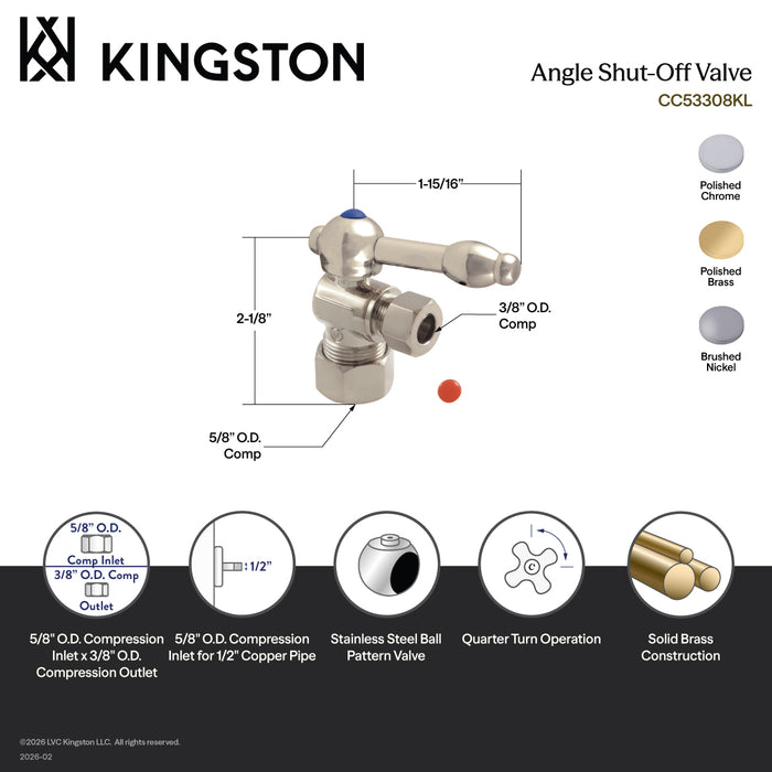 Kingston Tulare CC53308KL - Vintage 5/8-Inch O.D. Comp x 3/8-Inch O.D. Comp Quarter-Turn Angle Shut-Off Valve, Brushed Nickel