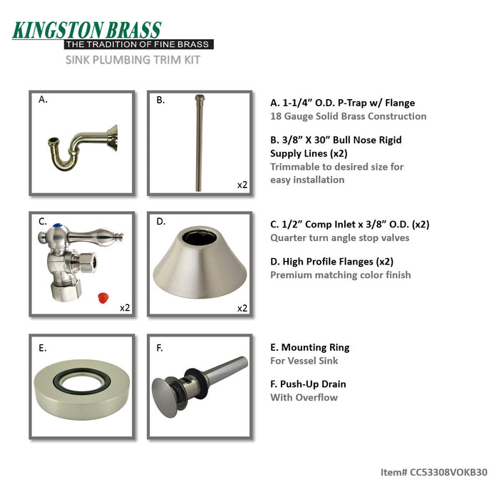 Kingston Heirloom CC53308VOKB30 - Trimscape Traditional Plumbing Sink Trim Kit with P-Trap and Overflow Drain, Brushed Nickel