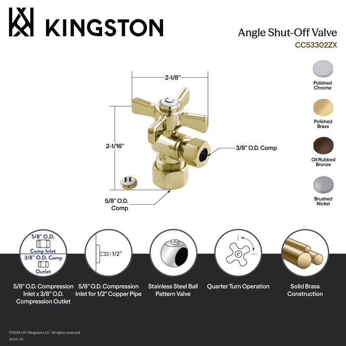 Kingston Tulare CC53308ZX - Millennium 5/8-Inch O.D. Comp x 3/8-Inch O.D. Comp Quarter-Turn Angle Shut-Off Valve, Brushed Nickel